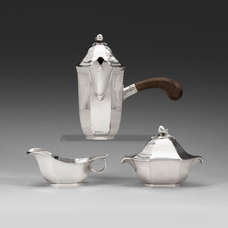 A Jacob Ängman three pcs of silver coffee service, Guldsmedsaktiebolaget, 1929 and 1934.