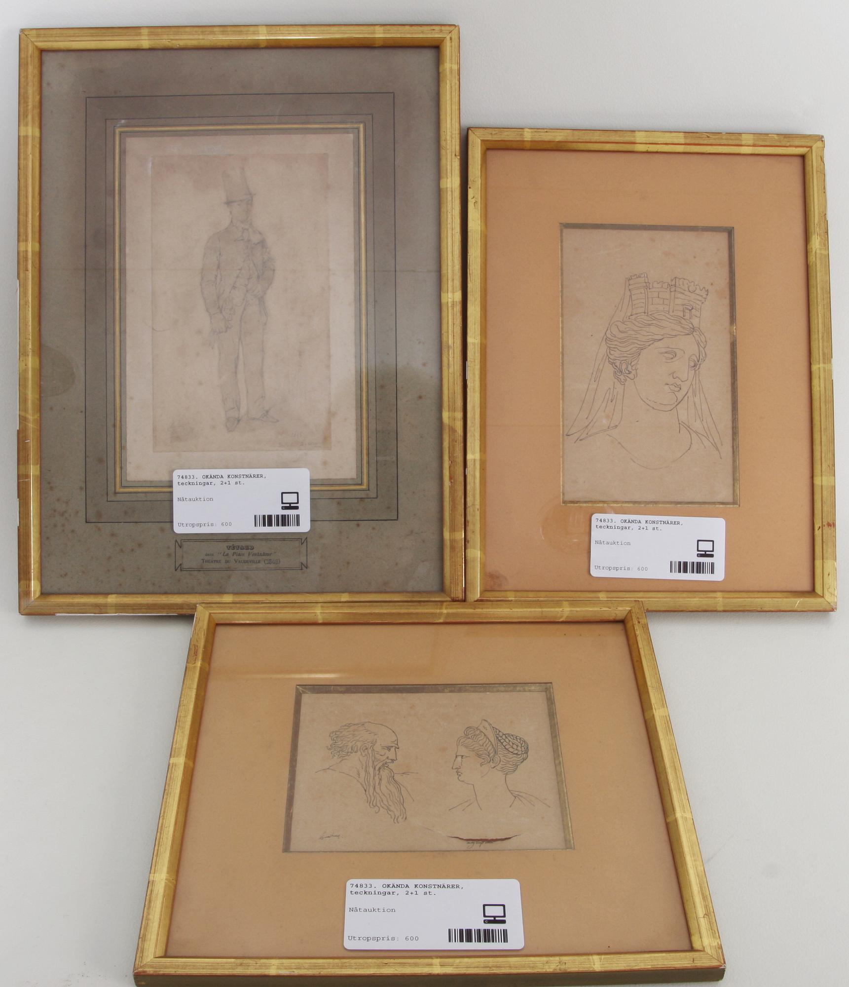 OKÄNDA KONSTNÄRER, teckningar, 2+1 st.