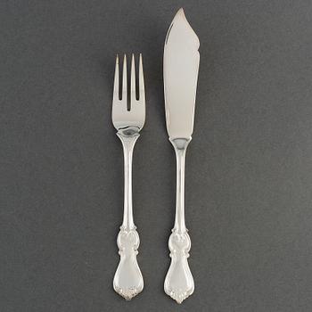 FISH CUTTLERY, 12+12 pieces, sivler, model Olga, GAB, 1950s.