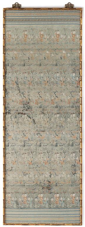 A celadon ground silk brocade panel, Qing dynasty, presumably 18th century.