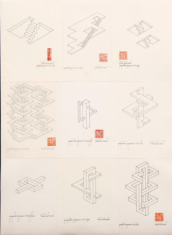 Oscar Reutersvärd, tuschteckningar 9 blad, signerade, nr 9.