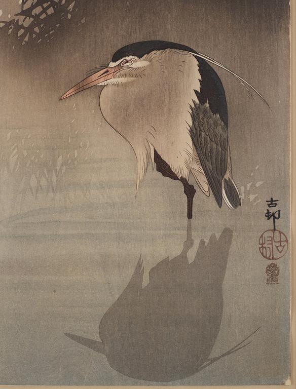 Ohara Koson, A colour wood block print by Ohara Koson, (1877-1945), 'Heron under moon' Japan.