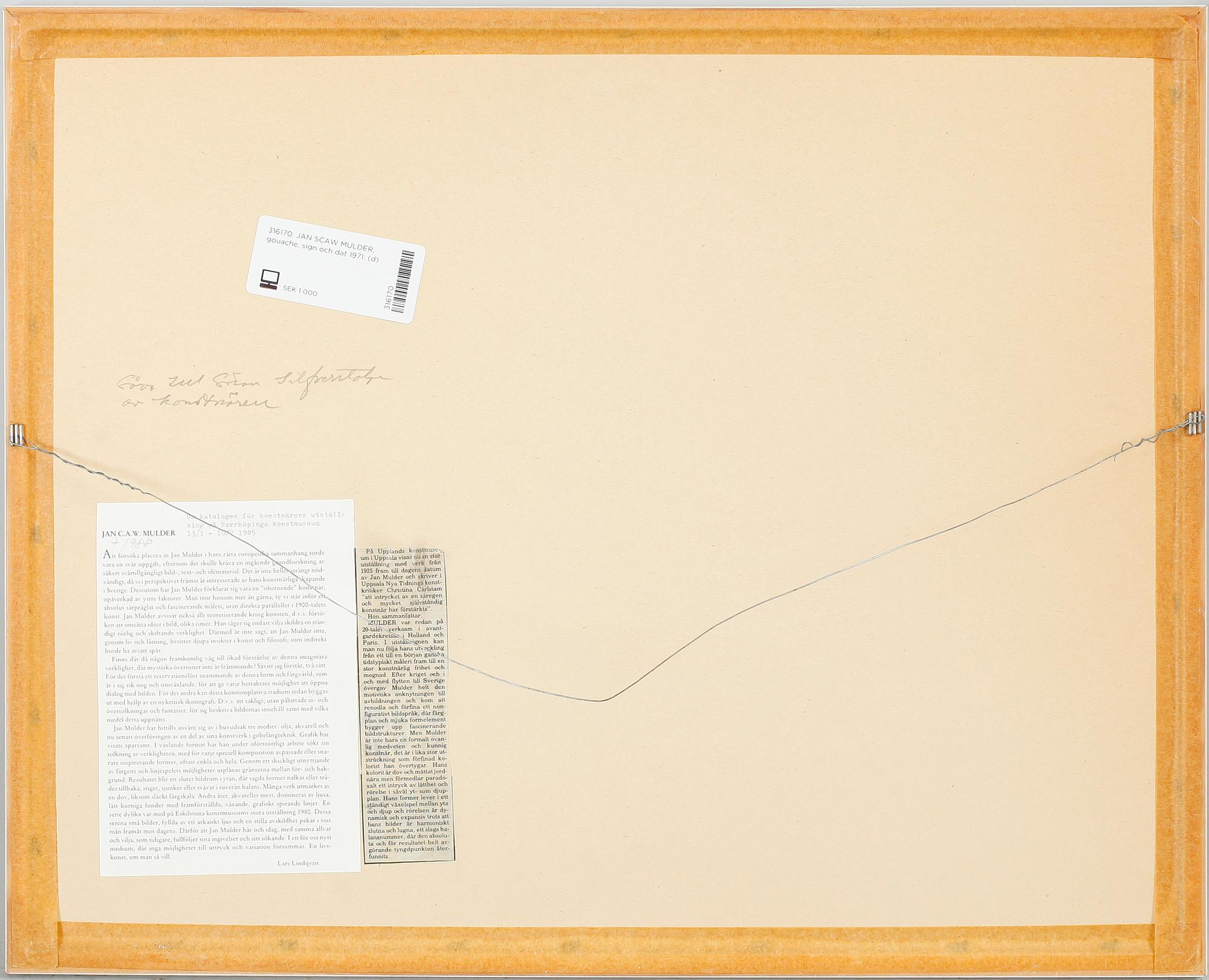 JAN SCAW MULDER, gouache, sign och dat 1971.