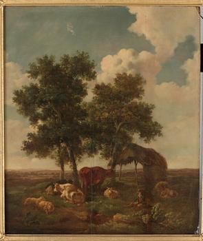 384. Henry Millbourne Tillskriven, Pastoralt landskap med kor och herde.
