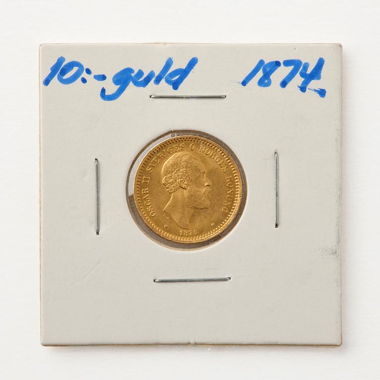 Gold coin, Oscar II, Sweden. 10 kronor, 1874.