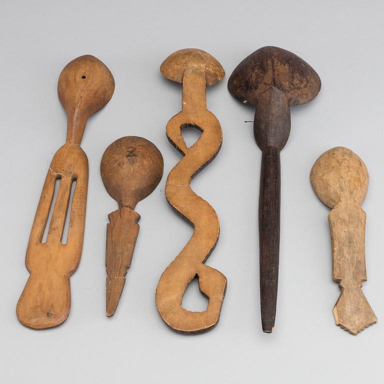 5 WOODEN SPOONS, Western Africa.