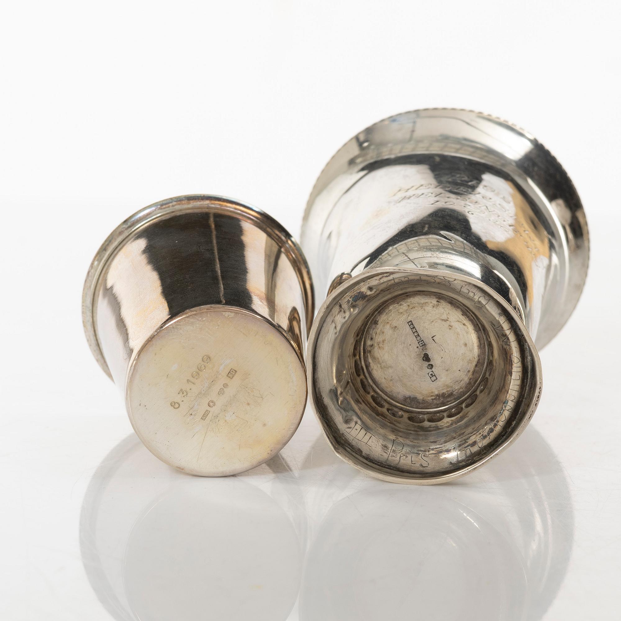 Five silver beakers and a salt cellar, including mark of Gustaf Jansson, CG Hallberg, Stockholm 1960.