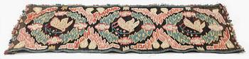 A carrige cushion, "Noaks duva" ('Noah's dove'), tapestry weave, c. 95.5 x 44 cm, Torna district, Southwestern Scania.