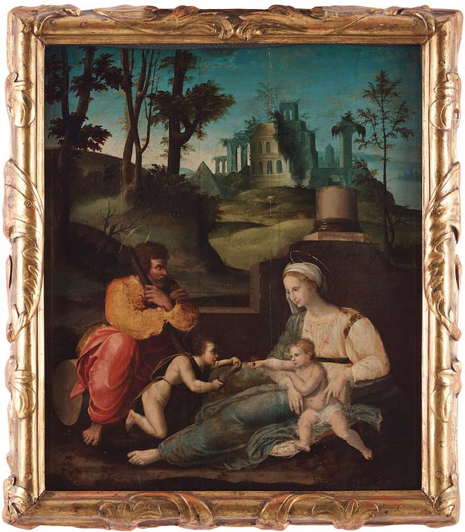 Nicola Filotesio (Cola dell'Amatrice) Circle of, Landscape with The Holy family and John The Baptist.