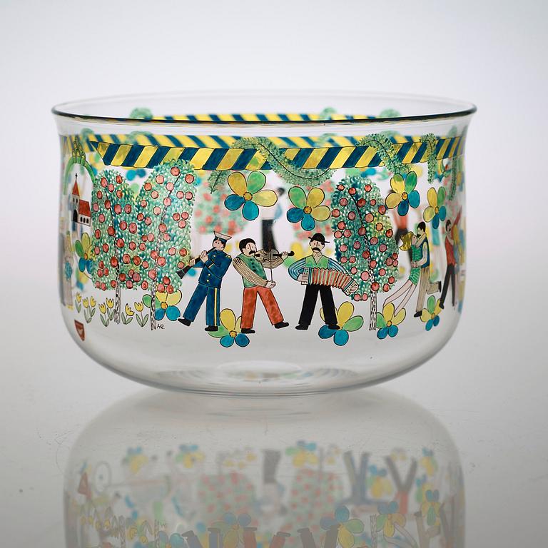 A Gunnar Cyrén enameled glass bowl, Orrefors 1968.