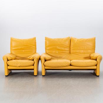 A "Maralunga" leather sofa and easy chair by Vico Magistretti, Italy.