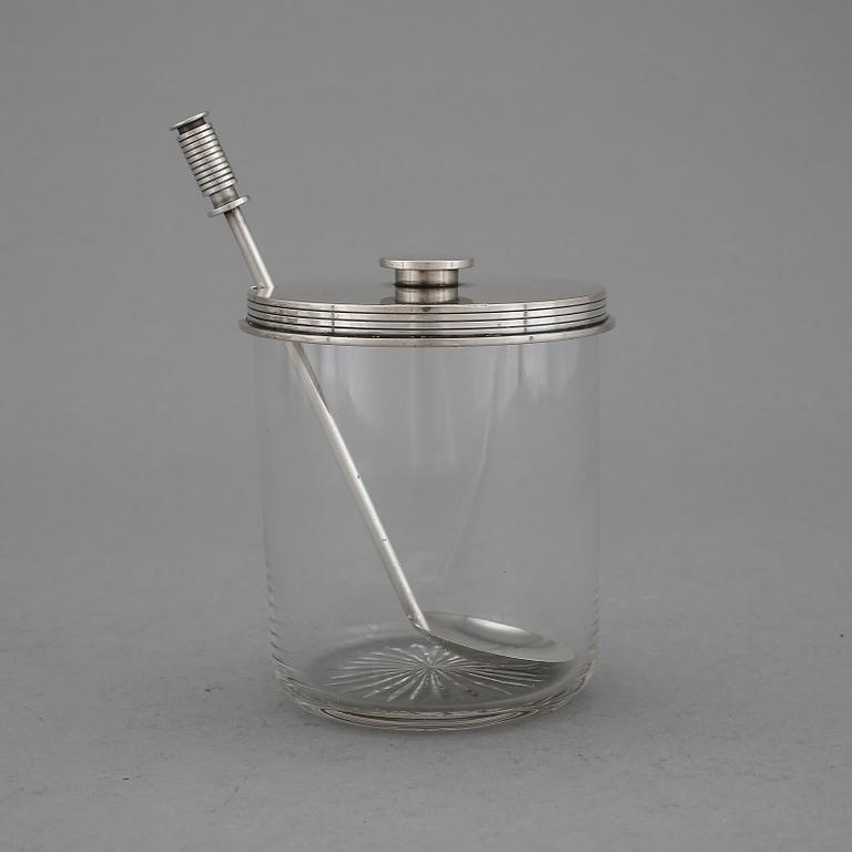 BURK för MARMELAD med tillhörande SKED, glas samt sterling silver, Sigvard Bernadotte för Georg Jensen, 1933-44.