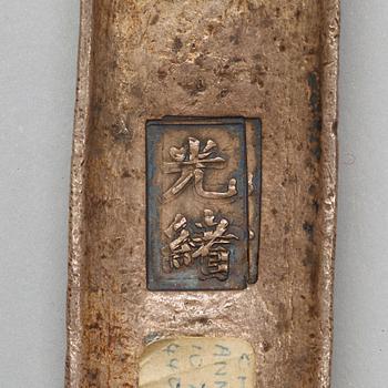 A 10 tael Vietnam (Annam) silver bar ingot sycee, stamped Guangxu (1875-1908).