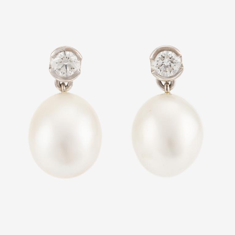 Earrings, a pair, with cultured pearls and brilliant-cut diamonds.