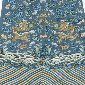 A five clawed dragon kesi robe on blue ground, Jifu, Qing dynasty, 19th century.