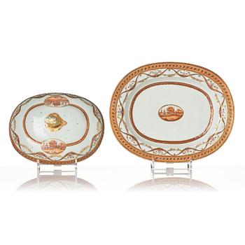 An oval vegetable tureen with cover and a pillow shaped bowl, Qing dynasty, late 18th century.