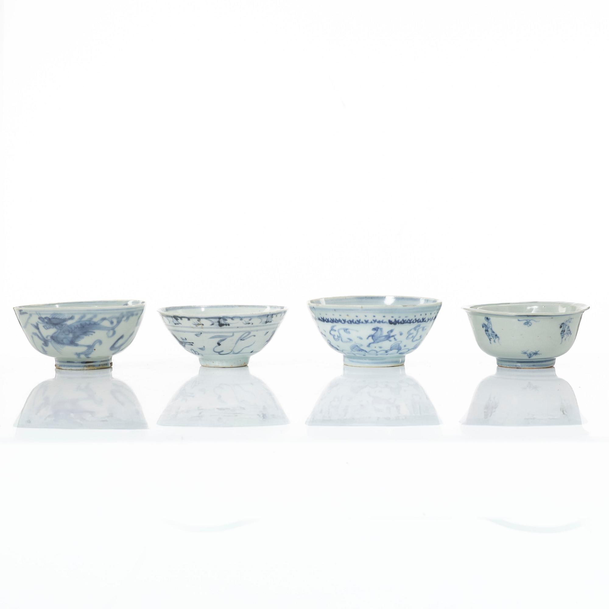 A group of four blue and white porcelain bowls, made for the Southeast Asian market, Ming and Qing dynasty.