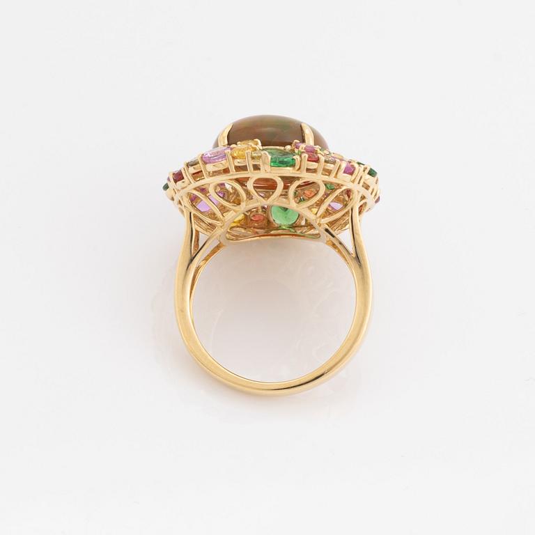 Opal, pink, yellow and orange sapphire, tsavorite and brilliant cut diamond cocktail ring.