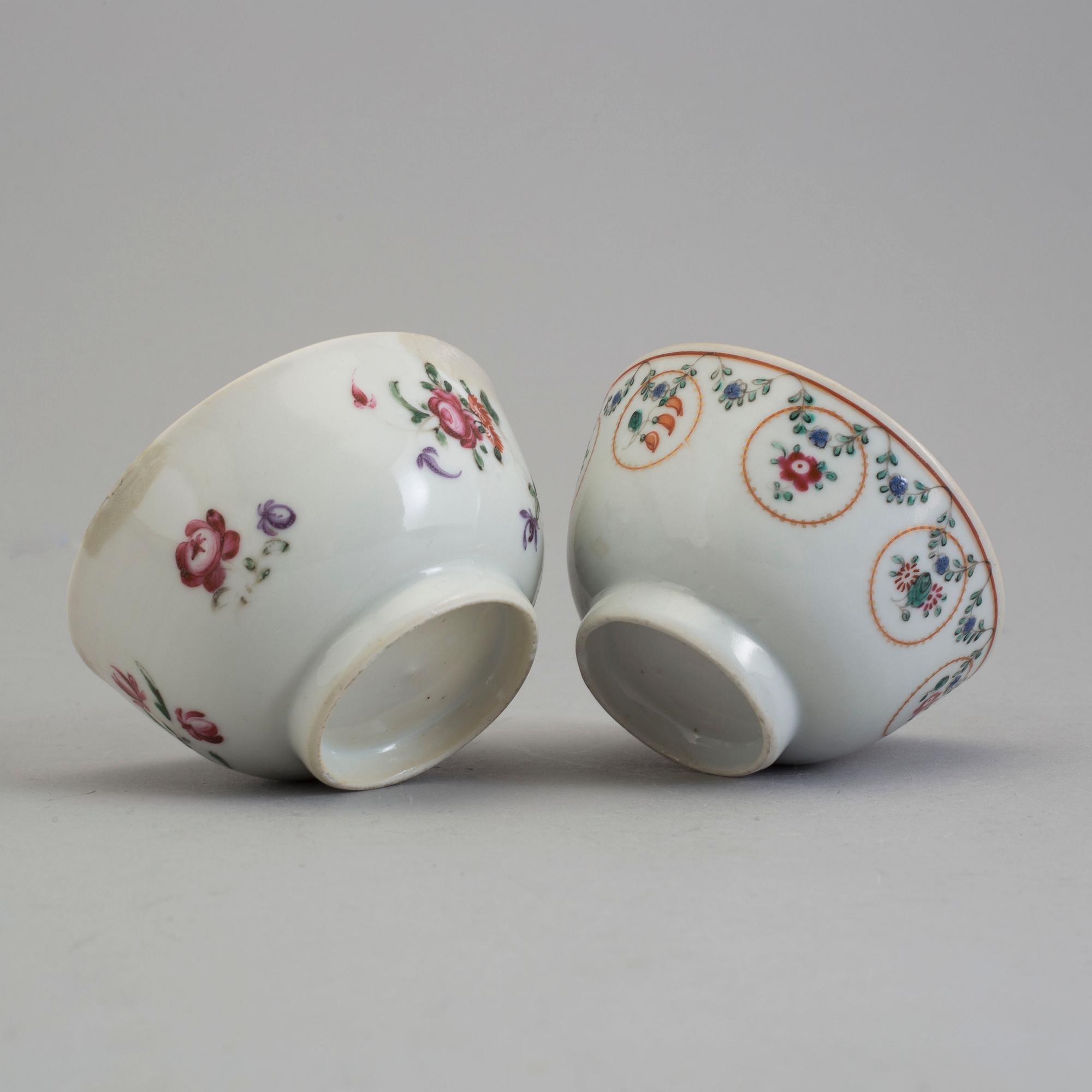Five famille rose export porcelain cups and two dishes, Qing dynasty, 18th century.