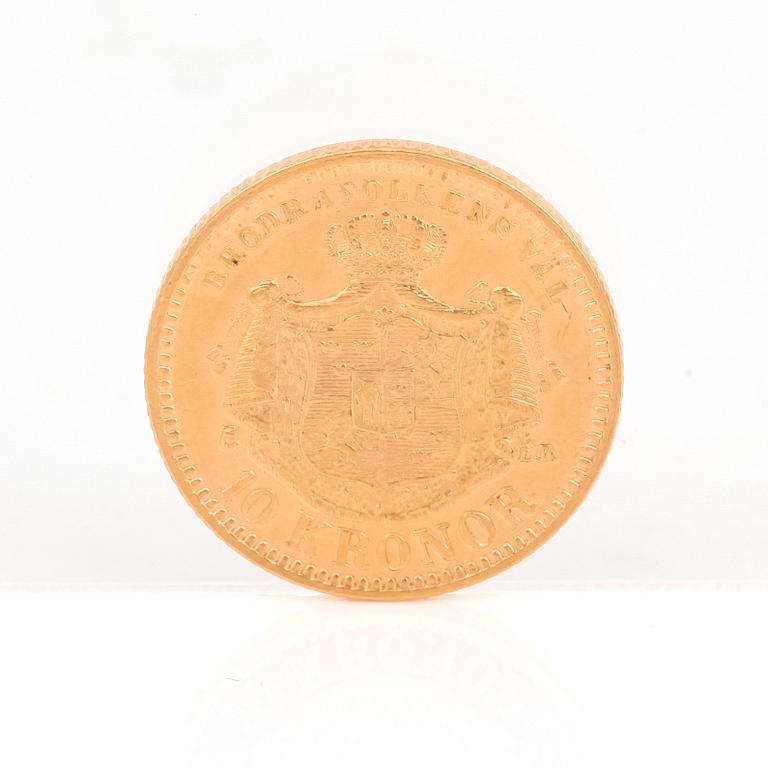 GULDMYNT, 10 kronor, Oscar II av Sverige och Norge 1883. Vikt ca 4,5 gram.