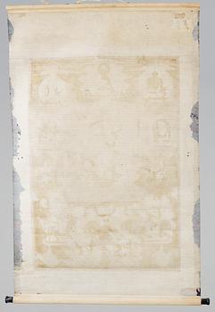 A Tibetan or Mongolian thangka of Dorje Legpa on lion, surrounded by a Buddhist pantheon, presumably 19th Century.