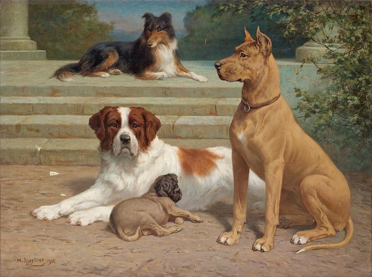 Heinrich Sperling, Group of dogs at stairs.