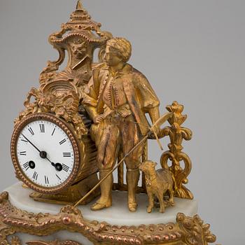 Late 19th century French figural gilt clock features a shepherd to the top of the clock with a lamb. Marked Brunfaut 76".