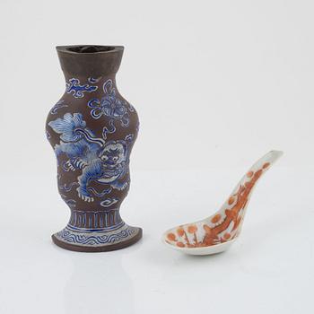 A Yixing ware wall vase and a spoon, Qing dynasty, 19th Century.