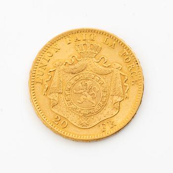 Gold coin, Belgium, Leopold II, 20 Franc, 1871.