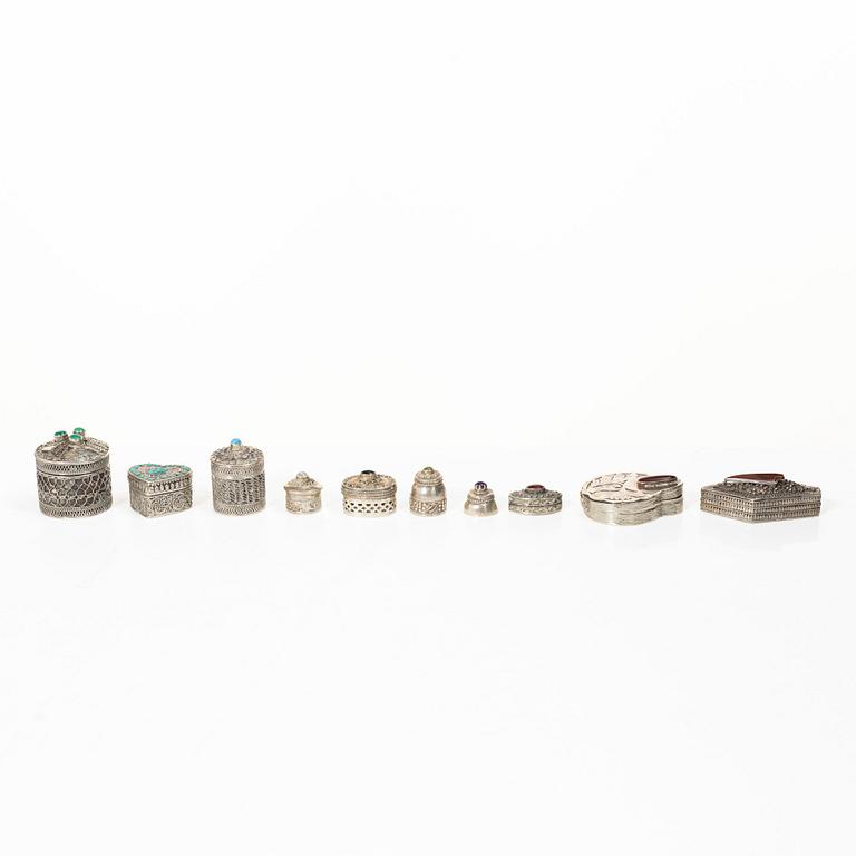 Boxes, 10 pcs, silver, with stones, 20th century.