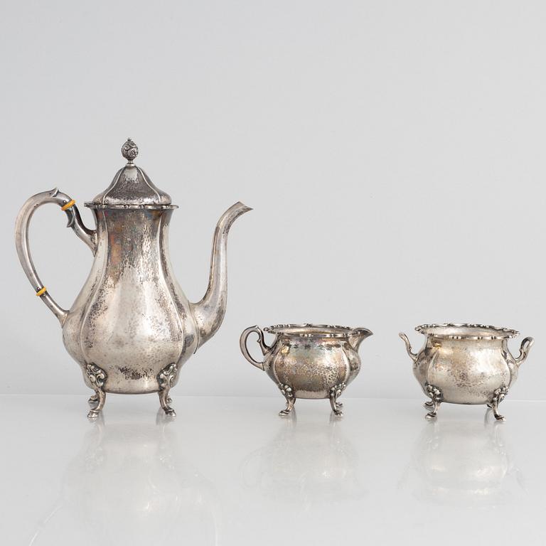 K Anderson, kaffeservis, 3 delar, silver, Stockholm 1936. Nysilverbricka samma modell medföljer.