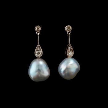 178. A pair of pearl, circa 10x12 mm, and diamond earrings.