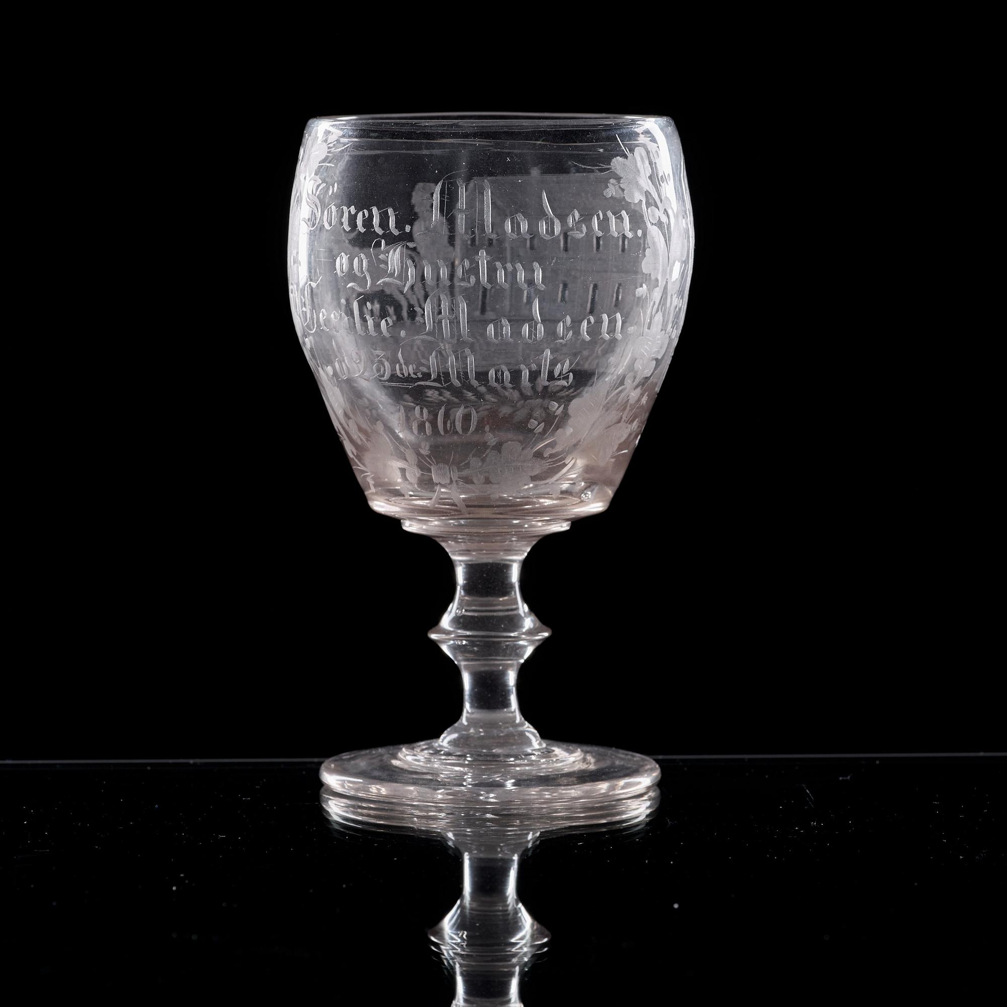 A Danish wedding glass goblet, dated 1860.