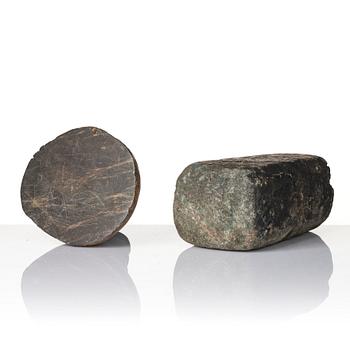 Two stone pigment graters, 18th / 19th century.