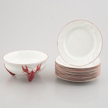 Alf Wallander, crayfish bowl and plates, Rörstrand (13 pieces), second half of the 20th Century.