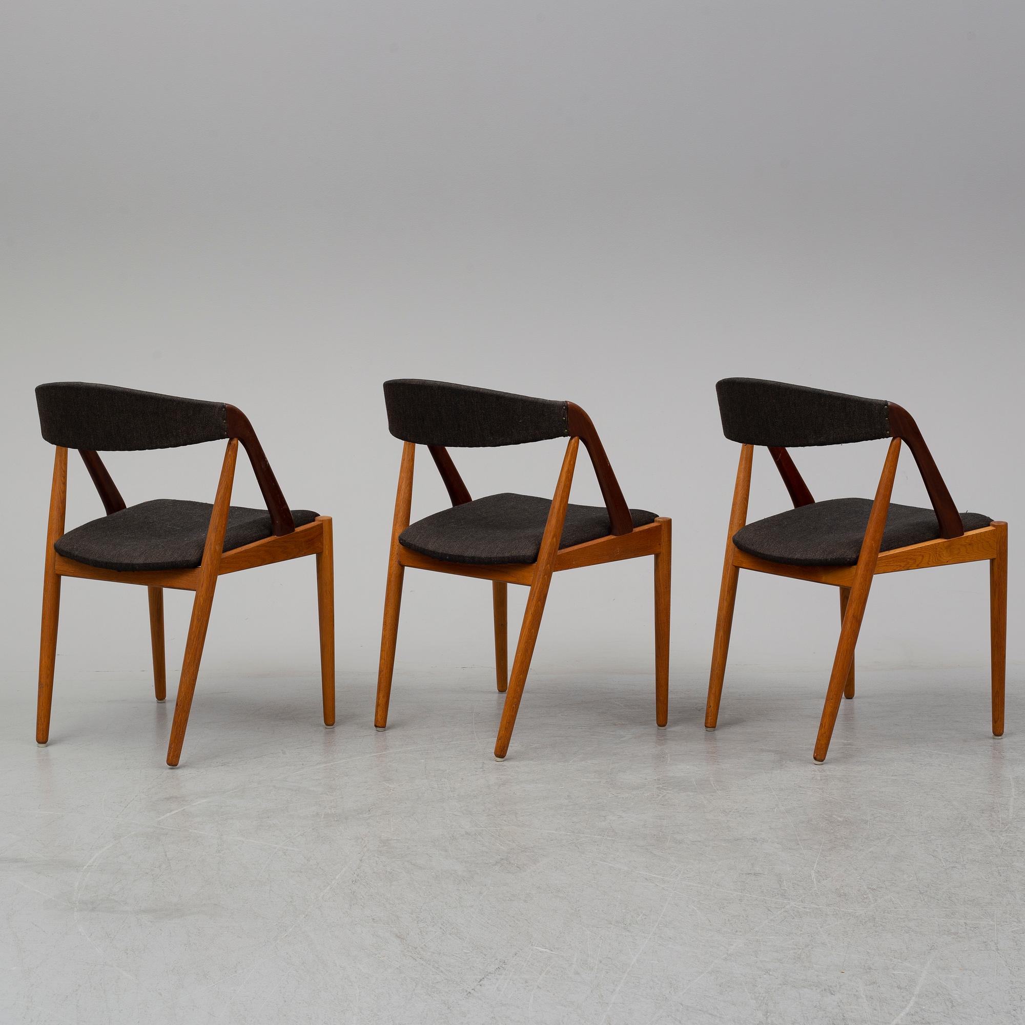 A set of three 1950's-60's chairs by Kai Kristensen, Denmark.