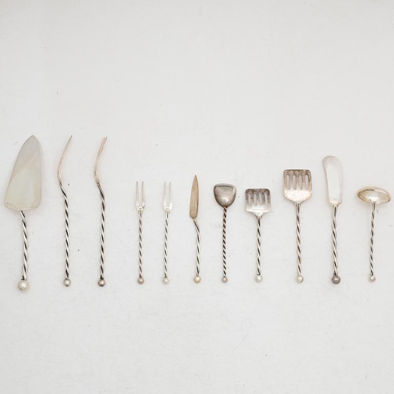 Serving utensils, 10 pieces, sterling silver, Jakob Grimminger, Schwäbisch Gmünd, Germany, circa mid-20th century.