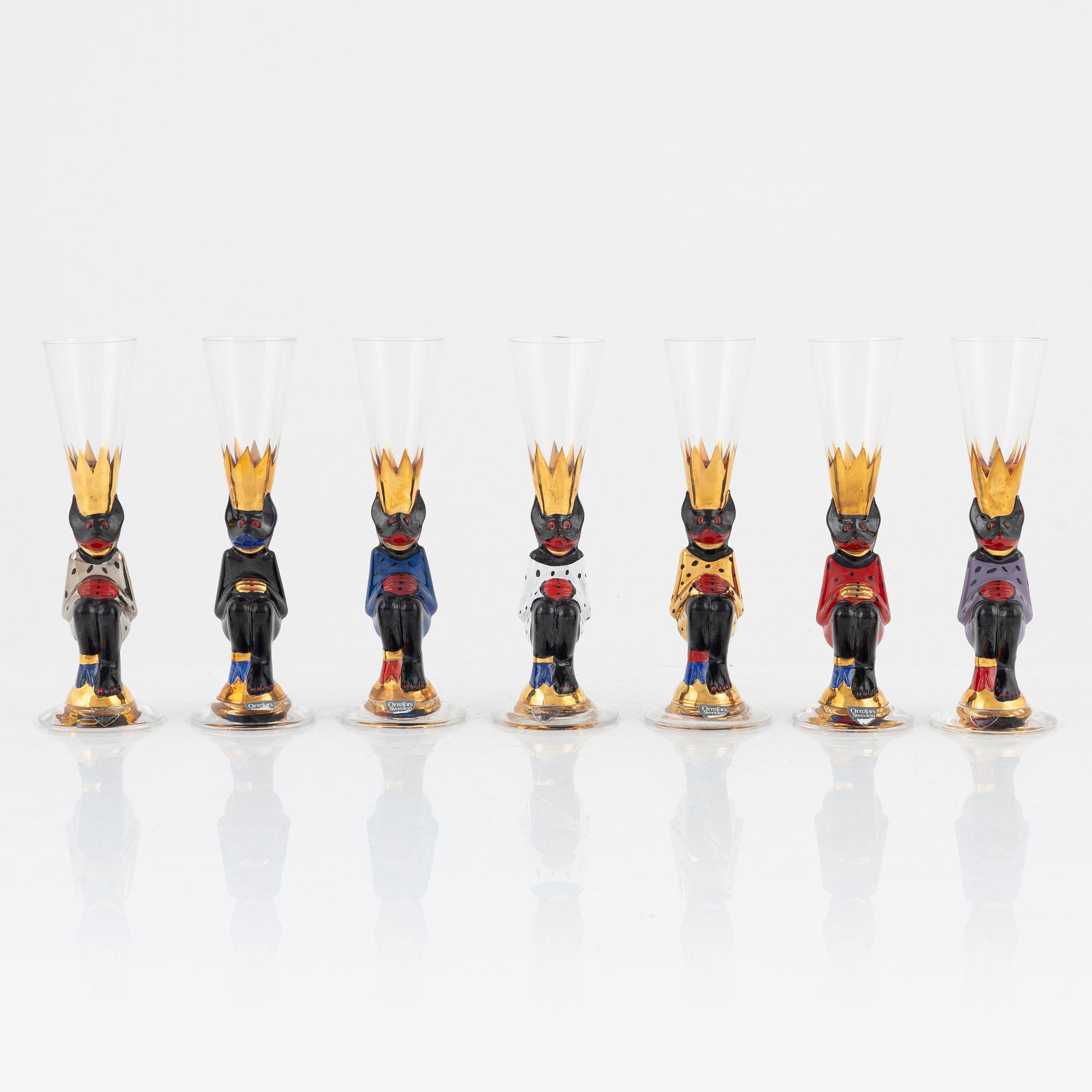 Gunnar Cyrén, snapsglas, 7 st, "Smådjälvar", Nobel, Orrefors.