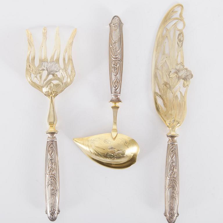 SERVERINGSBESTICK, 3 delar, silver och delvis förgyllda, Frankrike ca 1900.