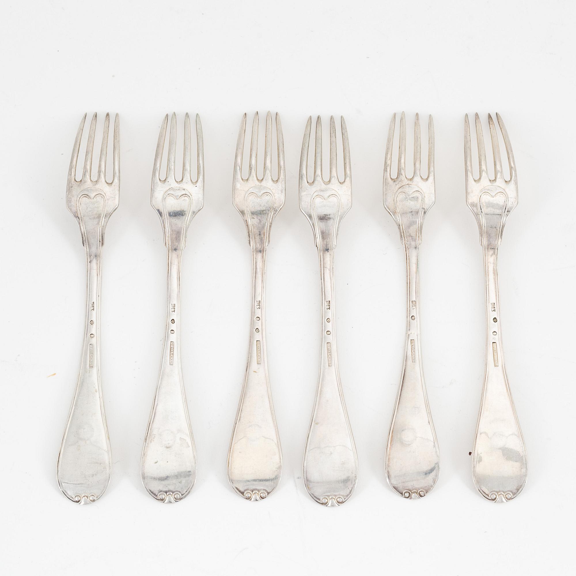 Six swedish silver forks, mark of Gustaf Folcker, Stockholm 1818.