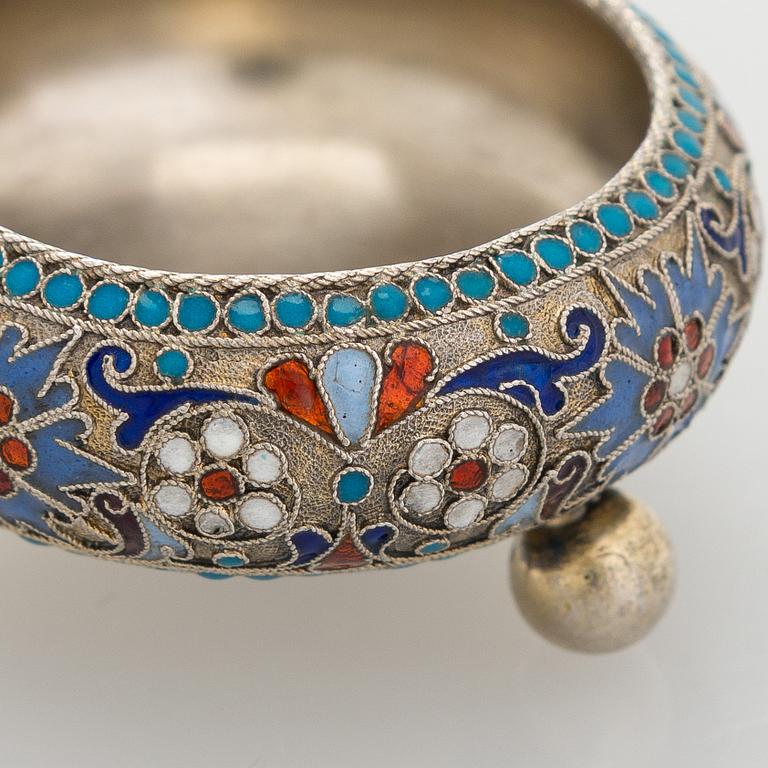 A silver parcel-gilt, cloisonné enamel salt cellar, 1890s.