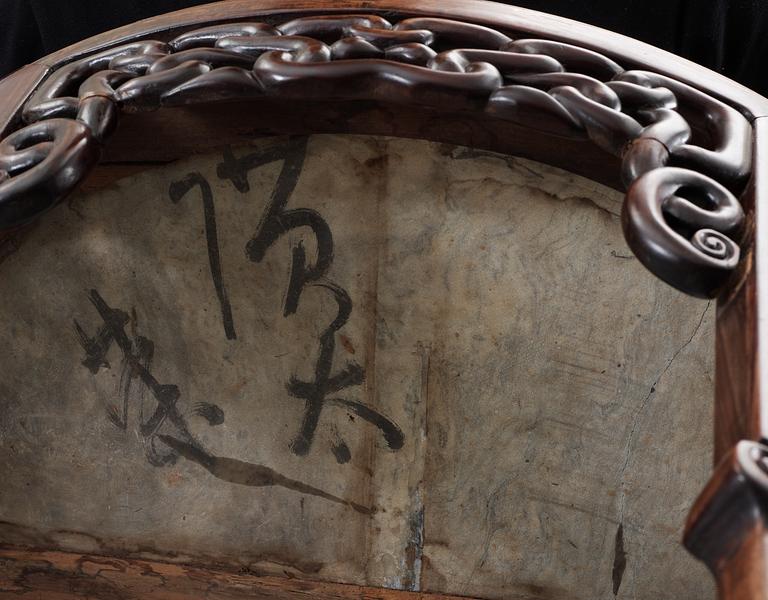 A hardwood and marble 'claw on ball' D-form console table, presumably late Qing dynasty.