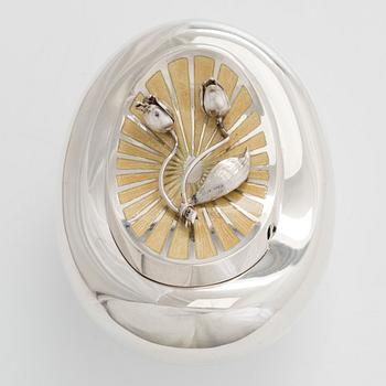 Sugar bowl and spoon, silver and enamel, the bowl by Anita Sarlin. Tillander, Helsinki, 1950.