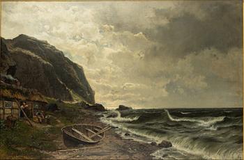 Edvard Bergh, Coastal Landscape with a Fishing Family by a Cottage.