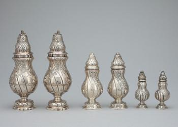 STRÖARE, 6 st, silver, Rokokostil, 1900-tal. Total vikt ca 706 gr.