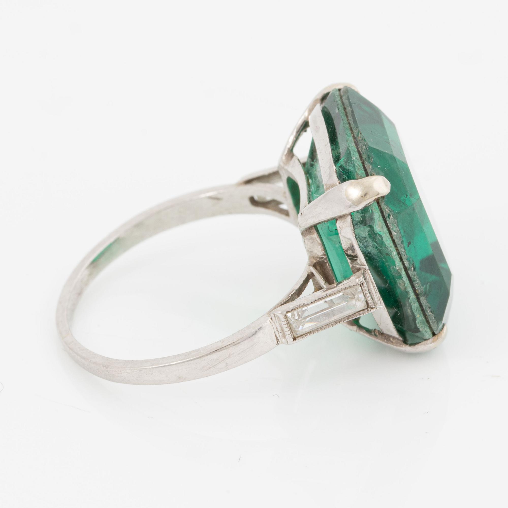Ring, cocktail ring, platinum with synthetic emerald and baguette-cut diamonds, probably circa 1960s.