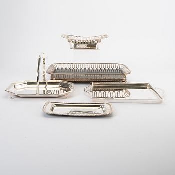 A set of three trays and two bread baskets epns England 20th century.
