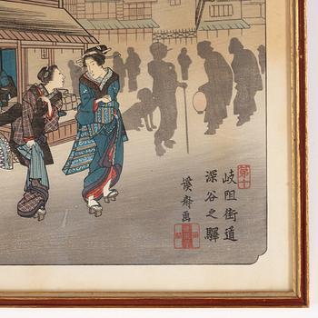 Keisen Eisen, efter, samt Hiroshige, efter. Färgträsnitt, 2 st, Japan, 1900-tal.
