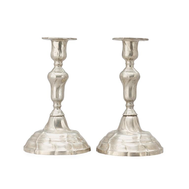 A pair of Rococo pewter candlesticks by J. G. Ryman 1794.