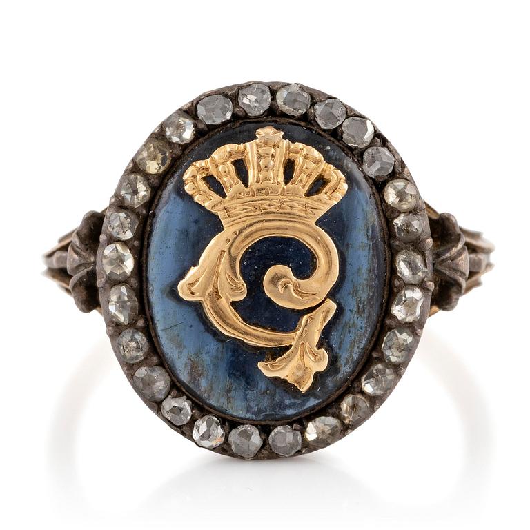 Presentation ring, King Gustav III, gold, silver, rose-cut diamonds, glass.